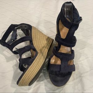 UGG Navy Blue Suede Lauri Espadrille Platform Wedge Sandals - Size 12
